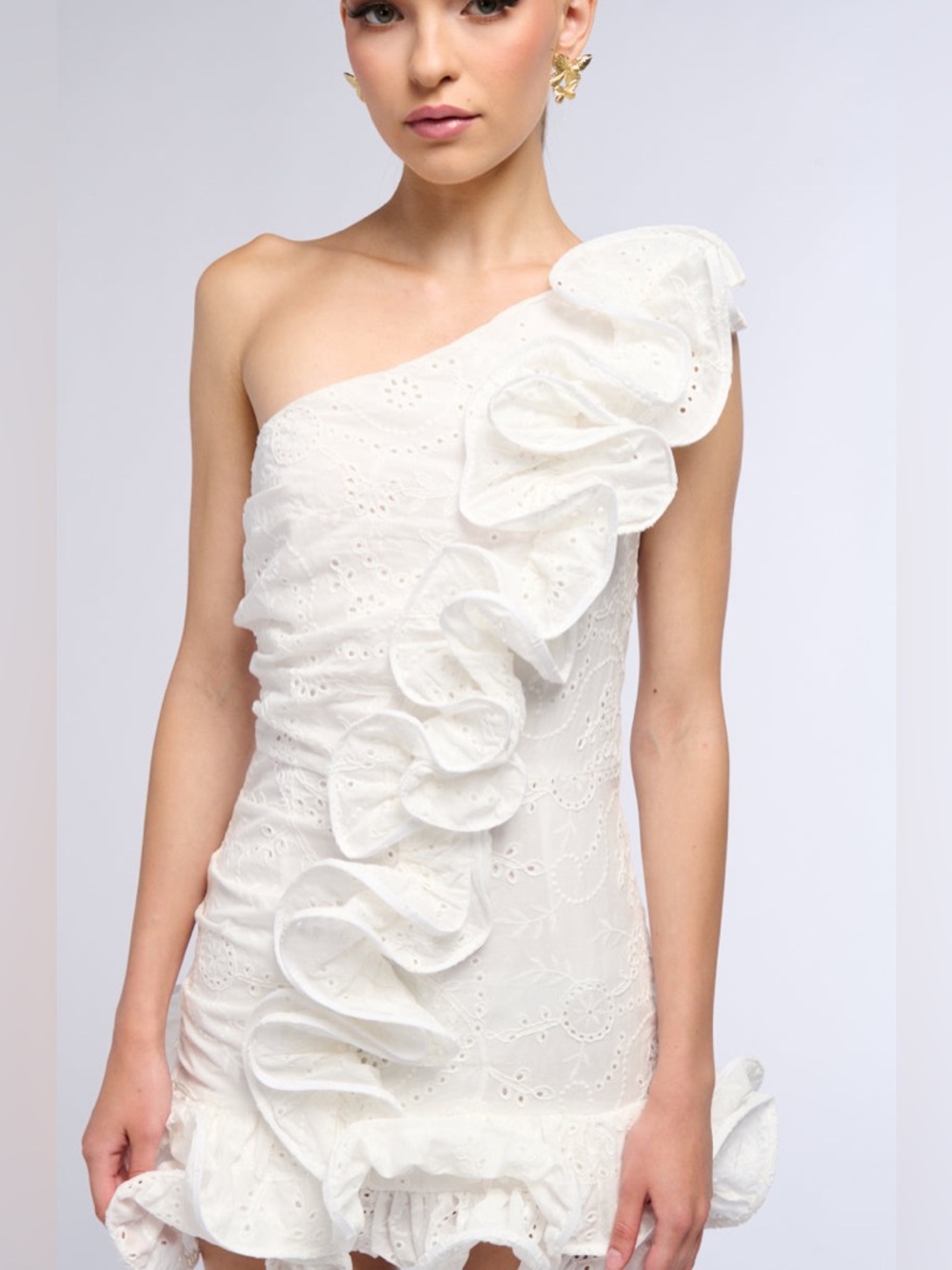 AKIRA White One-Shoulder Ruffle Eyelet Mini Dress - Picture 2 of 8